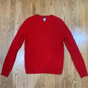 J. Crew Preppy True Red V-Neck Classic Cable Knit Sweater size large